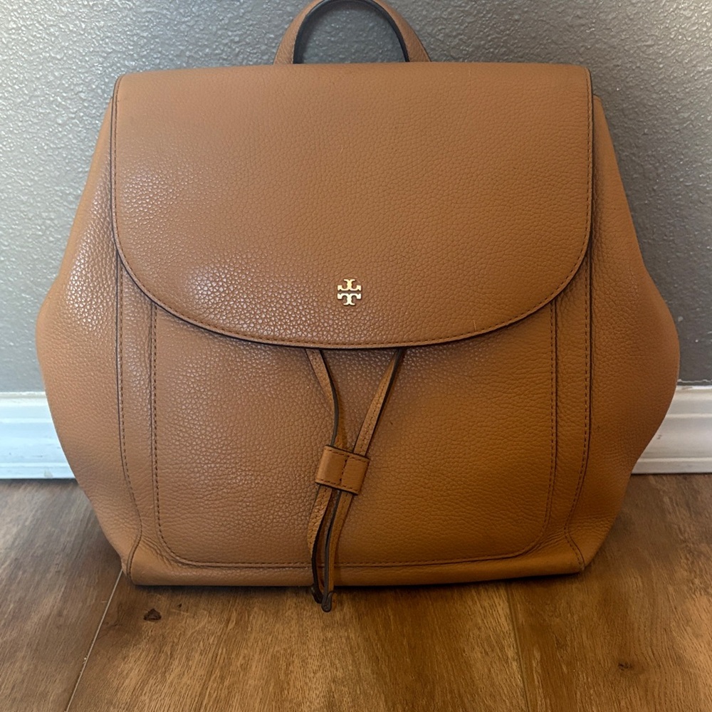 Tory Burch drawstring backpack in pebbled brown leather